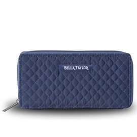 Bella Taylor Slim Card Wallet for Women | Quilted Cotton Fabric Zip Around Credit Card Wallet with RFID Protection | Vintage Navy Microfiber
