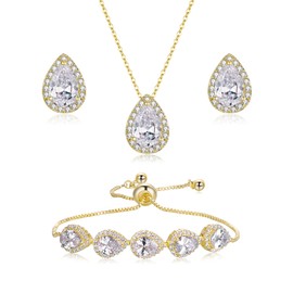Clearine Women's Jewellery Set for Bride Bridemaids Teardrop Cubic Zirconia Pendant Necklace Earrings Bracelet for Wedding Party Clear Gold-Tone