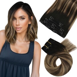 Moresoo Clip in Hair Extensions Real Human Hair Black to Blonde with Brown Human Hair Clip in Extensions Short Ombre Natural Black to Dark Brown with Golden Blonde 80g/5pcs 10 inch