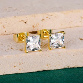 18K Yellow Gold Plated 3.0 mm Princess Cut Clear Cubic Zirconia Stud Earrings Set for Women Men Pack of 6 Pairs
