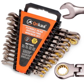 Qnkaa Flexible Ratcheting Wrench Set 12pcs Metric 8-19mm Flex-Head Spanner Gear Ring Ratchet Combination Wrenches Kit with Portable Organizer