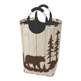 BOKEKANG Large Laundry Basket,Wild Animals Rustic Cabin Forest Bear Paw Print Wooden Board,Laundry Hamper Collapsible Organizer Bin with Handles Washing Bin Dirty Basket for Clothes Toys
