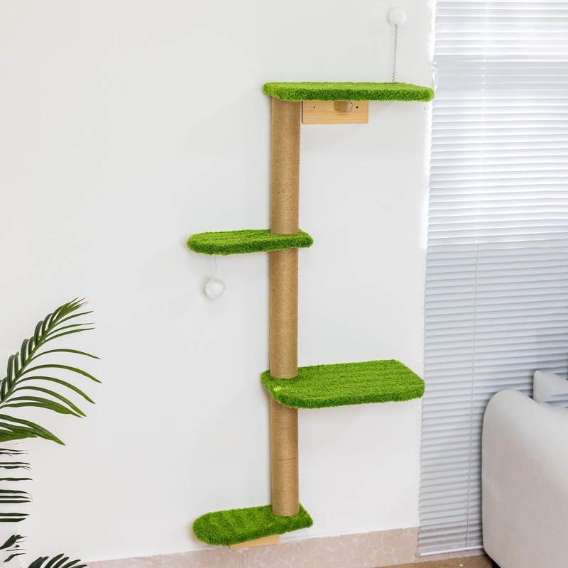 Wall Mounted Cat Tree with Green Plush, 4 Rotating Platforms