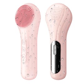 Facial Cleansing Brush, Silicone Face Scrubber with Heat and Vibration 5 Speeds, Waterproof Rechargeable Electric Face Scrub Brush for Men & Women, Deep Cleansing, Exfoliating and Massage (Pink)