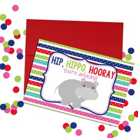Hip Hippo Hooray You're Amazing Good Work Pun Single (1) All Occasion Blank Greeting Card To Send To Friends & Family, 4"x 6" (when folded) Fill In Congratulations Note Card by AmandaCreation