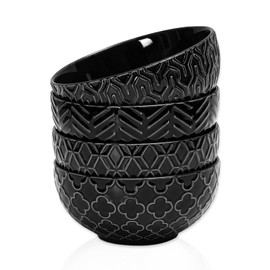 Sureasy Ceramic Cereal Bowls Set of 4, 5.9 Inch Deep Soup Bowls for Kitchen, 20 oz Embossed Stoneware Bowls for Pasta, Salad, Oatmeal, Noodle, Ramen, Microwave Dishwasher Safe, Set of 4, Black
