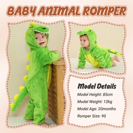 HAHASHOW Romper for Newborns, Baby Jumpsuit, Winter, Flannel Baby Pyjamas with Hood, Animal Children's Jumpsuit, 2-36 Months, green dinosaur
