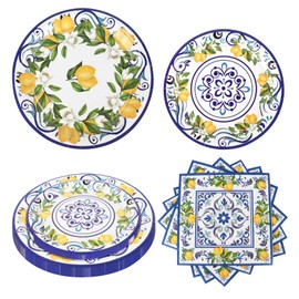 108Pcs Capri Lemon Party Plates Supplies Capri Yellow Lemon Party Plates Supplies includes Lemon Plate and Napkins Blue Tiles Mediterranean Parties Decor for Kids Birthday Baby Shower, Serves 36