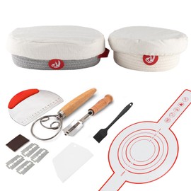 Yomjarl Sourdough Starter Kit,Sourdough Bread Baking Supplies with 2 pack Cotton Rope banneton bread proofing basket with handle,Baking Accessories,Sour Dough Tools,Baking Mat Dough Scraper & More