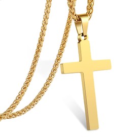 RS Gold Cross Necklace for Men Boys Stainless Steel Pendant Chain Religious Christian Baptism Catholic Confirmation Jewelry Gifts Teen Teenage Son Him