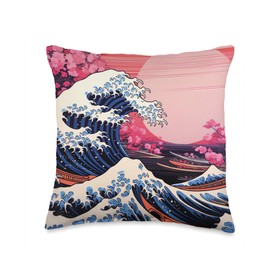 Wave Bloom Vibes Artistry Japanese's Vibrant Colors Wave Sakura's Bright Bloom Throw Pillow, 16x16, Multicolor