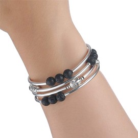 PEARL&CLUB Beaded Chakra Bangle Turquoise Bracelet - Fashion Jewelry Wrap Bracelet with Thick Silver Metal and Mala Beads, Birthday Gifts For Women, 9 inch, Metal, Agate