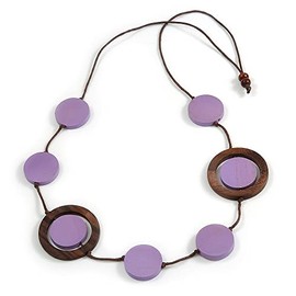 Avalaya Lilac/Brown Coin Wood Bead Cotton Cord Necklace - 88cm Long - Adjustable