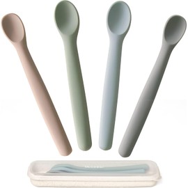Moonkie Cuchara Bebe, 4 PCS Cucharas Silicona, Cucharas de Aprendizaje para Bebés,Cucharas Blandas para Primera Fase del Bebé, Suaves y Flexibles,Muy Adecuadas para Autoalimentación y Destete Guiado