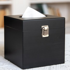 Black Tissue Box Cover Square - Wooden Tissue Box Holder with Retro Metal Switch, Toilet Paper Holder, Solid Wood Countertop Bathroom Accessories, Home Decor for Living Room