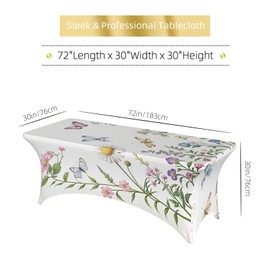 Spring Floral Butterfly Spandex Tablecloth for Rectangular Tables, Fitted Tablecloth 6FT Stretch Spandex Table Covers for Folding Tables, Wrinkle Resistant Table Protector for Party Weddings BBQ