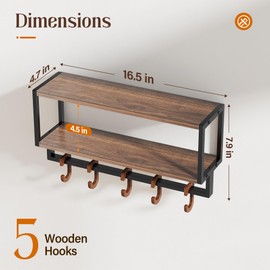 Orapoke Wall Shelf with Hooks, 2 Tier Coat Rack Wall Mount with Shelf for Entryway Farmhouse Living Room, 5 Wooden Decorative Wall Hooks for Hanging Coat Jackets Hats Towel Key (16.5")