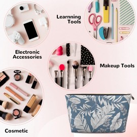 HAKOQI Portable Makeup Bag Zipper Pouch Travel Make up Organizer Bag Toiletry bag Water-resistant Aesthetic PVC Leather Cosmetic Bags for Women and Girls with Blue Leaf