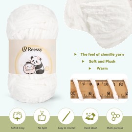 Reessy Chenille Yarn 400g(4×100g), Super Soft Chunky Wool Set, Thick Yarn for Crochet and Knitting Clothes, Handbag, Blankets, DIY- Ideal for Beginners Adults(White)