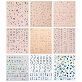 JMEOWIO 9 Sheets Aurora Holographic Moon Star Nail Art Stickers Decals Self-Adhesive Pegatinas Uñas Colorful Nail Supplies Nail Art Design Decoration Accessories