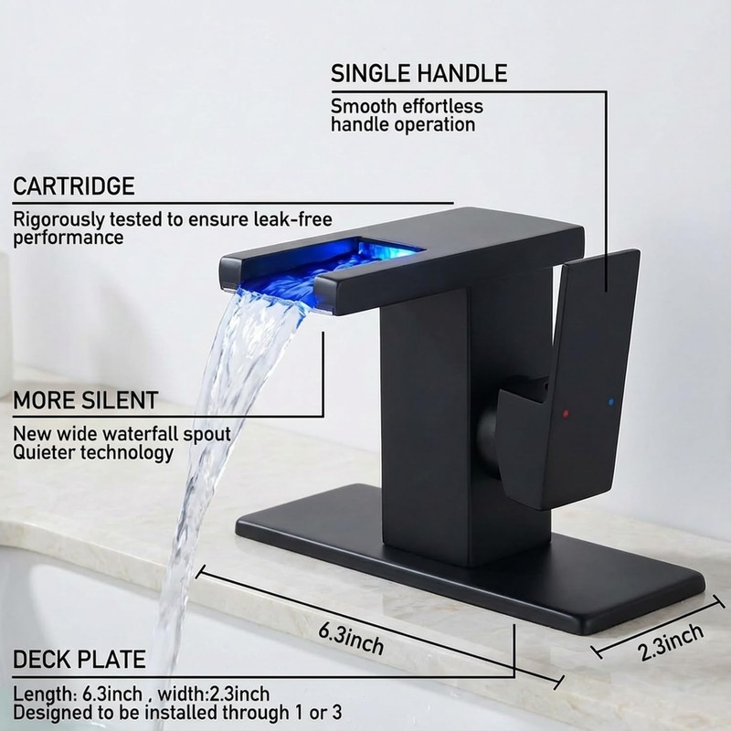 AVSIILE LED Bathroom Sink Faucet, Matte Black Waterfall Single Hole