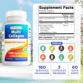 Best Naturals Multi Collagen Pills 2000mg for Women & Men - Hydrolyzed Collagen Peptides Capsules for Hair Skin and Nails with Types I II III V X, Biotin, Hyaluronic Acid & Vitamin C