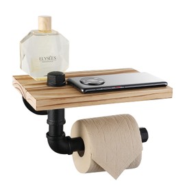 Livabber Industrial Pipe Toilet Paper Holder - Vintage Style DIY Wall Mount Roll Tissue Towel Holder for Bathroom Living Room and Kitchen (7" with Shelf, Black)