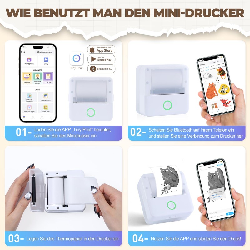 PRAOAHEI Mini Printer, Portable Photo Printer with 10 Rolls of