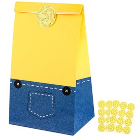 Fowecelt 24 Pack Yellow Cartoon Paper Bags with Banana Stickers Blue Jeans Goodie Candy Treat Bag Party Favor Gift Bags for Kids Boys Girls Birthday Baby Shower Party Decoration Supplies