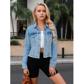 LBDLONGBIDA Women's Distressed Denim Jacket Lightweight Cropped Jean Jacket with Raw Hem Soft Washed Fabric Perfect Over Dresses & Tanks(Light Blue M)