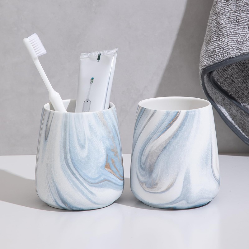 2Pcs Toothbrush Holder for Bathroom - Marble Blue Ceramic Tooth