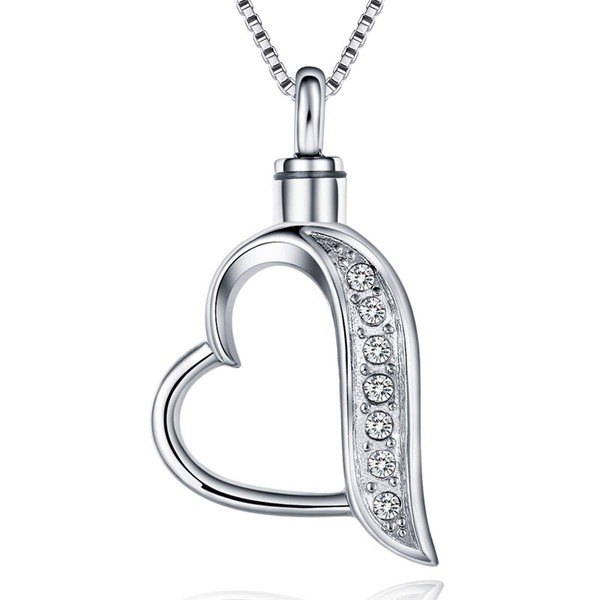 Quiges Stainless Steel Memorial Ash Holder Open Crystal Heart Pendant
