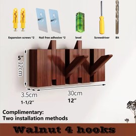 Tlongxia Classic Style Walnut-6 Hooks Wall Mounted Coat Rack with Natural Solid Wood Hangers for Closet, Kitchen, Bedroom, Bathroom, Entryway