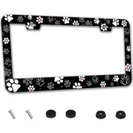 Black White Dog Paw Print License Plate Frame - Metal Auto Tag Frame Paws Car Accessories License Plate Holder for Man Woman Universal US Canada Size 12.3 x 6.3 Inch with 2 Hole