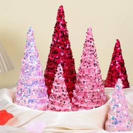 Beeveer 6 Pcs Valentine's Day Cone Tree Decorations Heart Velvet Sequins Glitter Valentines Day Tiered Tray Decor Valentine Table Centerpiece for Home Bedroom Wedding Party Valentine's Day Decoration