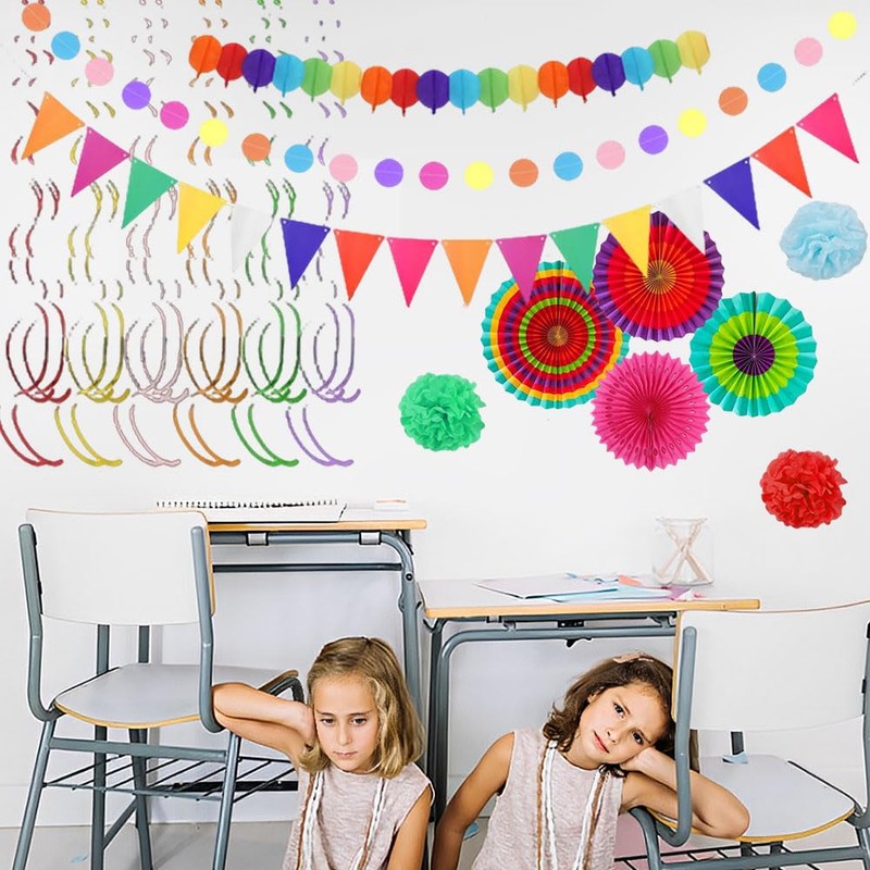 Voarge 34 Pcs Colorful Paper Fan Pompoms Fabric Ribbons Bunting