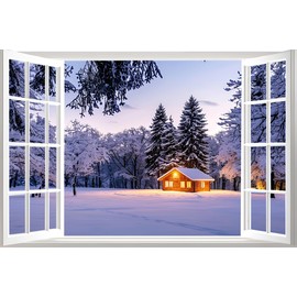 WOOHOOROO Winter Christmas Trees and Snow House Fake Window Stickers Peel and Stick Removable Wall Murals for Home/Bedroom/Office,32 x 48/2pcs