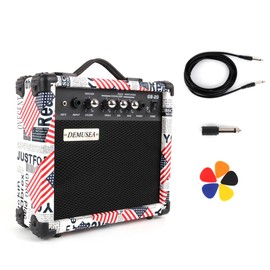 Demusea 20W Watt Electric Bass Guitar Amplifier Portable Travel Mini Practic Amp Headphone Jack Aux Treble Middle Bass Flag Mp3 with Cable Adapter Guitar Picks in