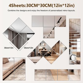 Shiftshade Mirror Wall Full Length,12X12 Inch Unbreakable Mirror Tiles for Bedroom Home Gym Door, Acrylic Squares Mirror Full Body Shatterproof Mirror Stickers for Walls,Mirror Sheets (4pcs)