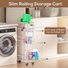 PAPAGIFTREE 4 Tier Slim Rolling Storage Cart with Pull-Out Baskets, Narrow Sliding Storage Laundry Cart, Slim Laundry Rolling Cart Between Washer and Dryer Storage, Laundry Storage Cart (White)