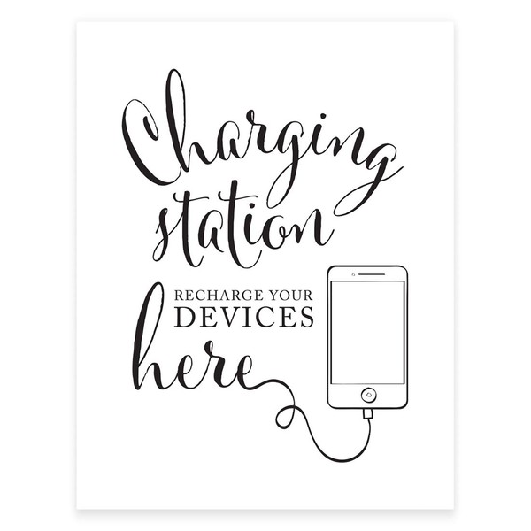 Andaz Press Wedding Party Signs, Formal Black and White Print, 8.5x11-inch, Charging Station Recharge Your Devices Here Sign, 1-Pack, For Snap Chat, Tweet, Instagram Parties
