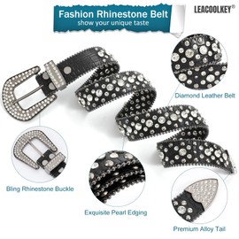LEACOOLKEY Fashion Rhinestone Belt for Women for Jeans, Western Cowgirl Studded Leather Belt, Ladies Bling Rhinestone Belt, Bling Rhinestone Belt for Women Cowgirl (A-black,Fit Pants Size 29"-32")