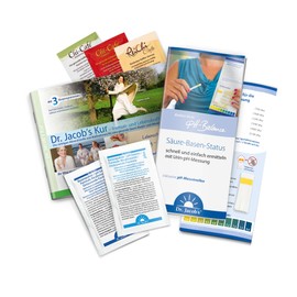 Dr. Jacob's Kur Trial Pack I 5 Product Samples, 36 pH Measuring Strips, Flyer, Guide, Basic Recipes I Base Powder & Base Powder Plus I Chi-Cafe Balance, Chi-Cafe Classic, ReiChi Cafe