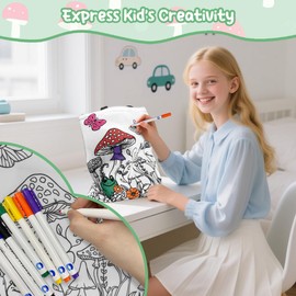 Fkwergsy Color Your Own Canvas Tote Bag Coloring Mushroom Doodle Reusable Grocery Bags for School Girls with Markers Shoulder Bag Art Craft Kits for Adults Women