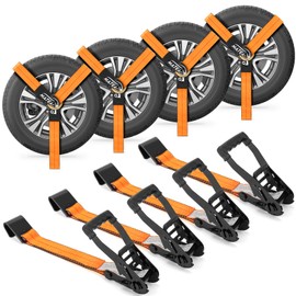 Car Tie Down Straps for Trailers, 1000 lbs Break Strength with Flat Hooks, Lasso Style 4 Pack 2" x 144" Heavy Duty Ratchet Straps, Utv Tie Down Straps Over The Wheel