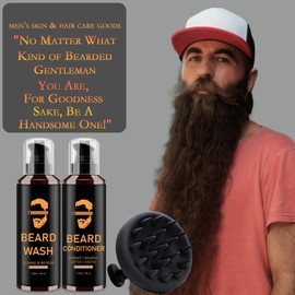 Beard Wash & Conditioner & Silicone Beard Brush Set w/Argan & Jojoba Oils - Reduce Beard Itchy, Dandruff, Beard Shampoo, Softens & Strengthens & Shine - 2 x 4 Fl Oz 120ML