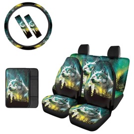Pensura Car Seat Covers Full Set 7PCS, Green Starry Night Wolf Print Auto Seat Protector with Steering Wheel Covers Center Console Armrest Cover and Seat Belt Pads, Universal Fit Most Cars