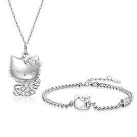 FYFLYMT Kitty Pendant Gifts for Girls, 2-Piece Kitty Jewellery Set, Adjustable Kitty Charm Bracelet and Kitty Chain, Cartoon Diamond Necklace for Girls Gifts, Aluminium, No