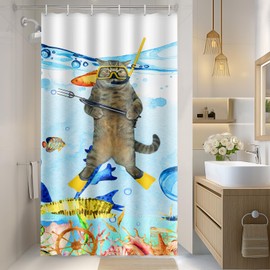 Aimego Stall Small Shower Curtain - Funny Cat Sea Ocean Animal Underwater Tropical Fish Coral Seahorse Fun Narrow Half Fabric Cloth Bath Shower Curtain Set for Bathroom Decor Accessories, 36"x72"
