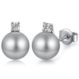 Pearl Diamond Earrings Pearl Stud Earrings Silver Pearl Dangle Earrings Silver Gray Pearl Diamond Stud Earring Sterling Silver Pearl Studs Cubic Zirconia Pearl Dangling Earrings 8MM ZDaoBen